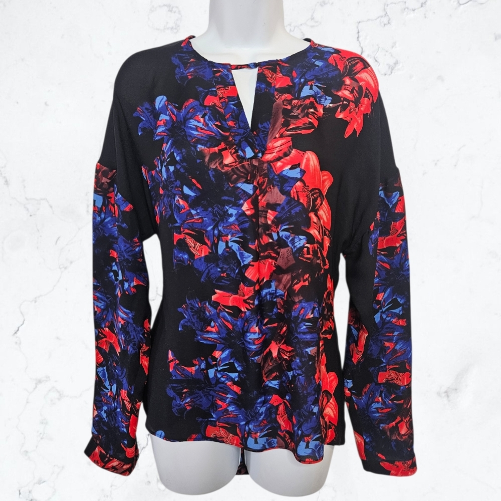 Parker 100% Silk Black, Blue & Red Floral Print Long Sleeve Top Blouse